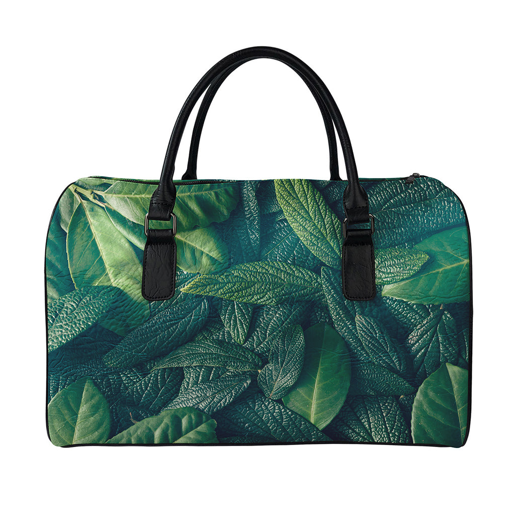 Green Leaves Print Leather Duffle Bag