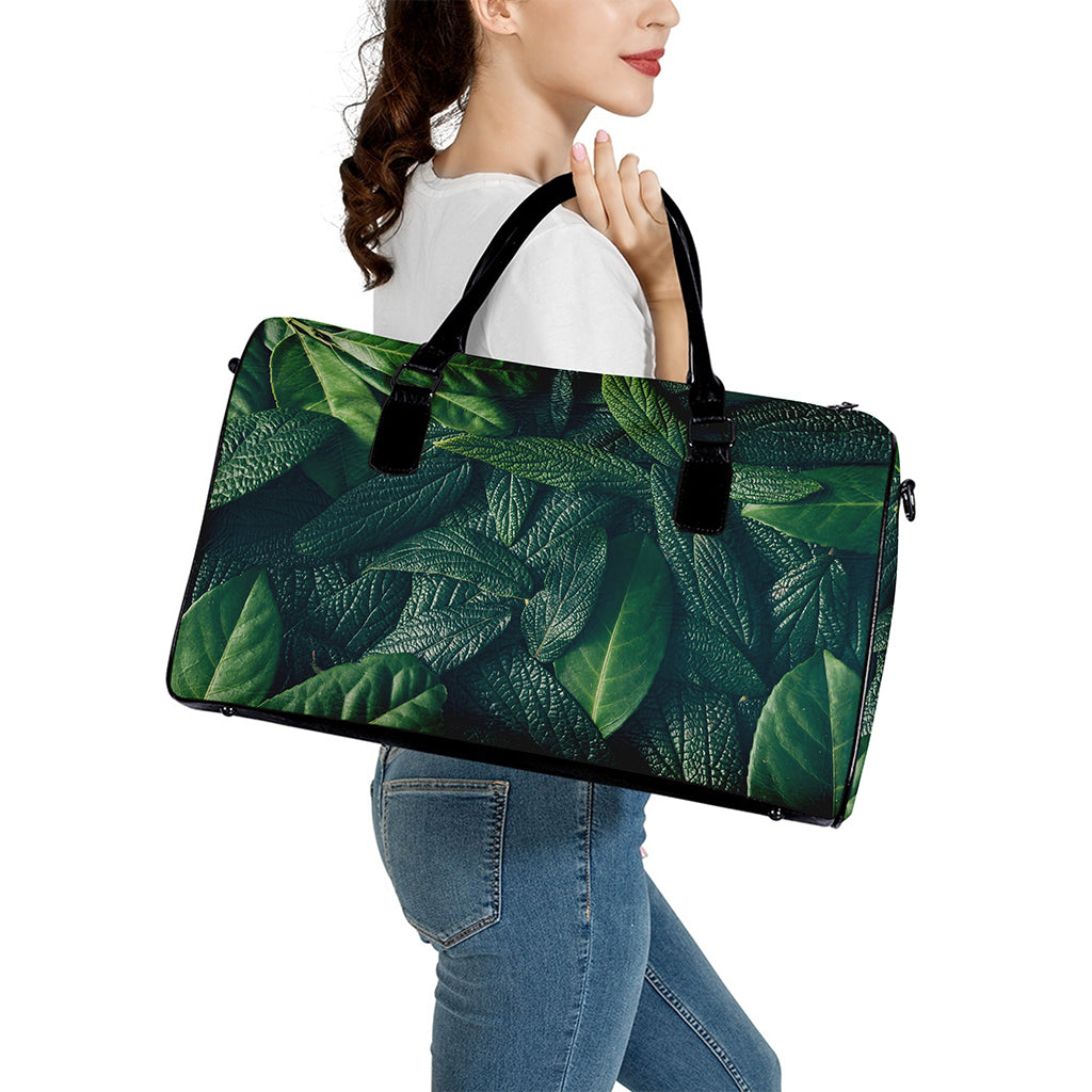 Green Leaves Print Leather Duffle Bag