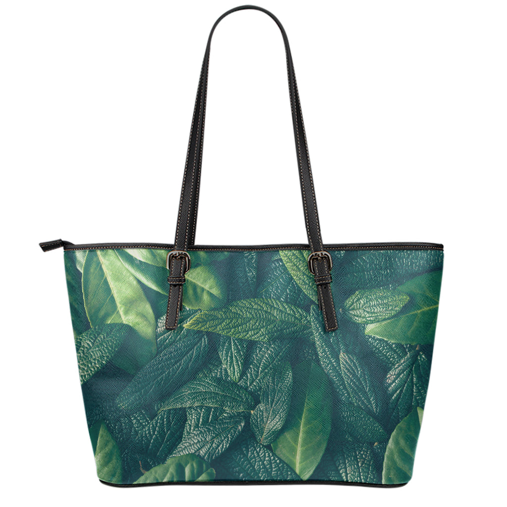 Green Leaves Print Leather Tote Bag