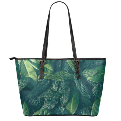 Green Leaves Print Leather Tote Bag