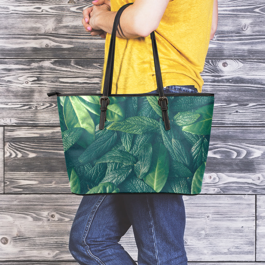 Green Leaves Print Leather Tote Bag