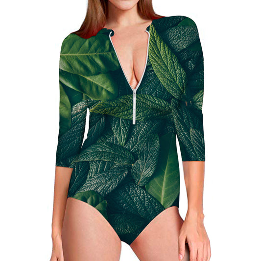 Green Leaves Print Long Sleeve Swimsuit