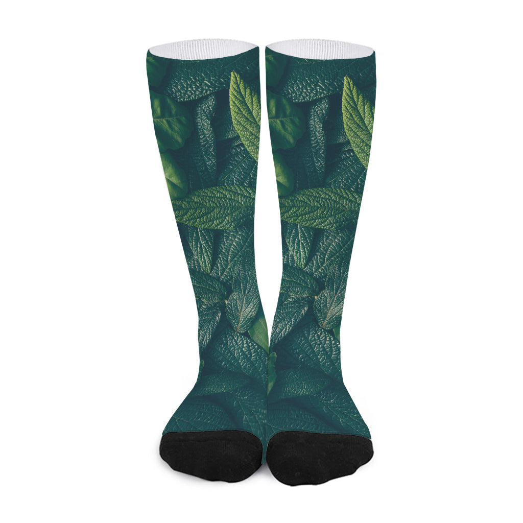 Green Leaves Print Long Socks
