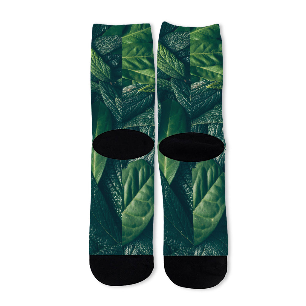 Green Leaves Print Long Socks