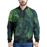 Green Leaves Print Men's Bomber Jacket