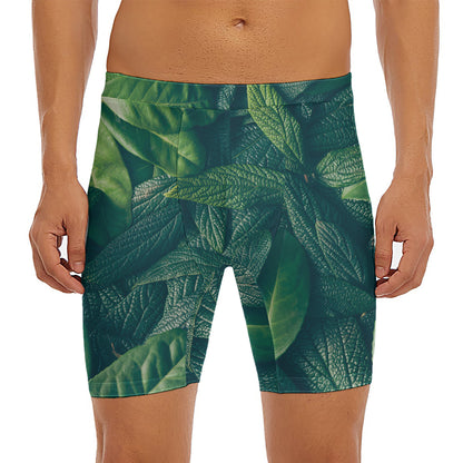 Green Leaves Print Men's Long Boxer Briefs