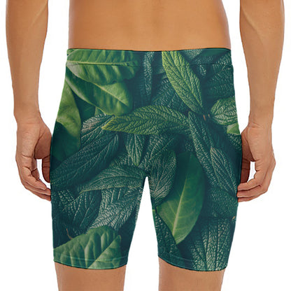 Green Leaves Print Men's Long Boxer Briefs