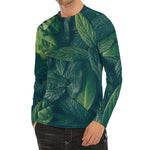 Green Leaves Print Men's Long Sleeve Rash Guard