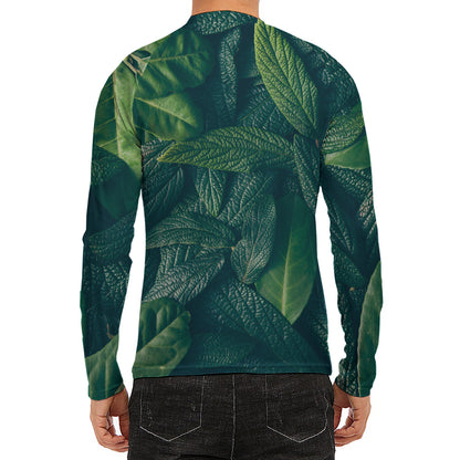 Green Leaves Print Men's Long Sleeve Rash Guard