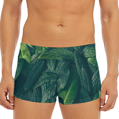 Green Leaves Print Men's Short Boxer Briefs