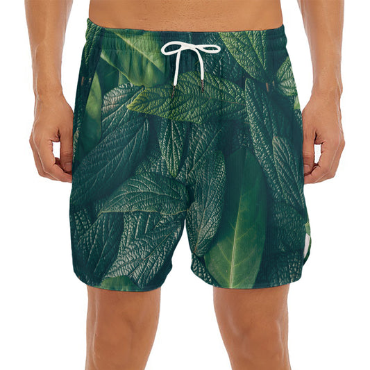 Green Leaves Print Men's Split Running Shorts