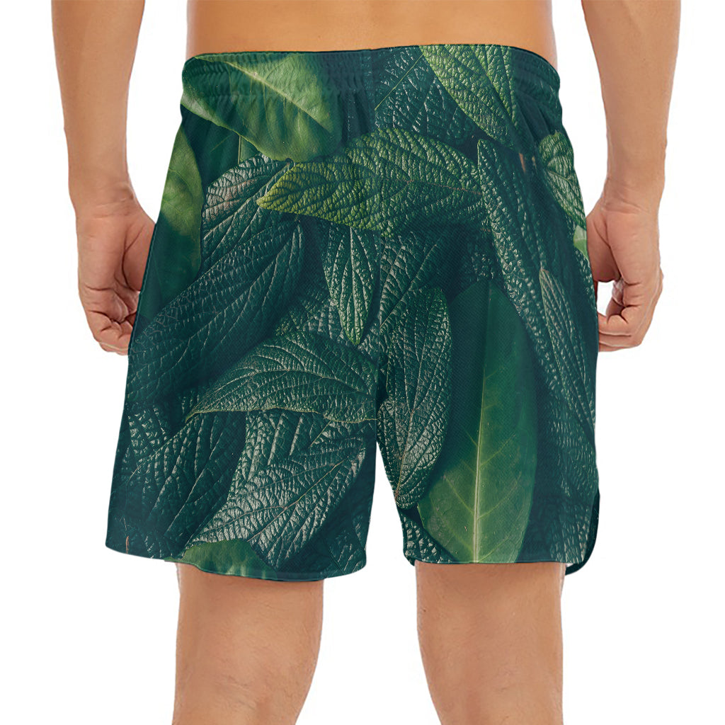 Green Leaves Print Men's Split Running Shorts