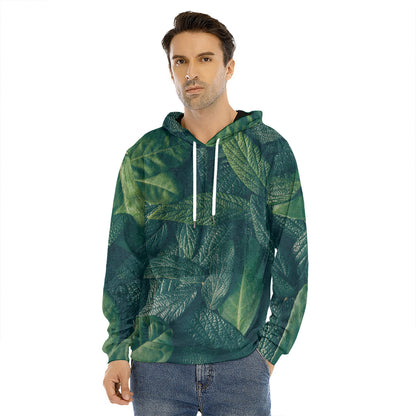 Green Leaves Print Men's Velvet Pullover Hoodie