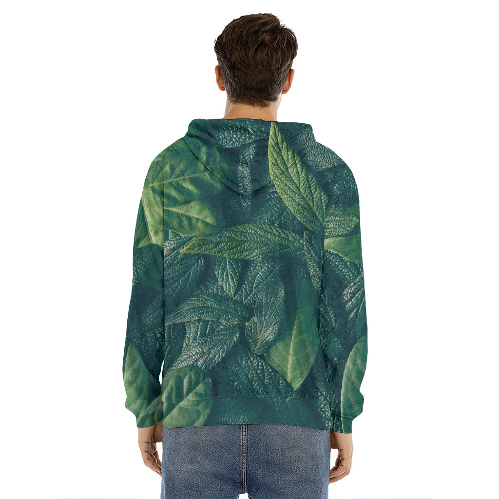 Green Leaves Print Men's Velvet Pullover Hoodie