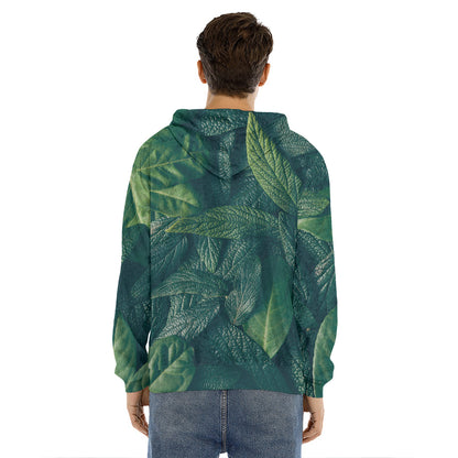 Green Leaves Print Men's Velvet Pullover Hoodie
