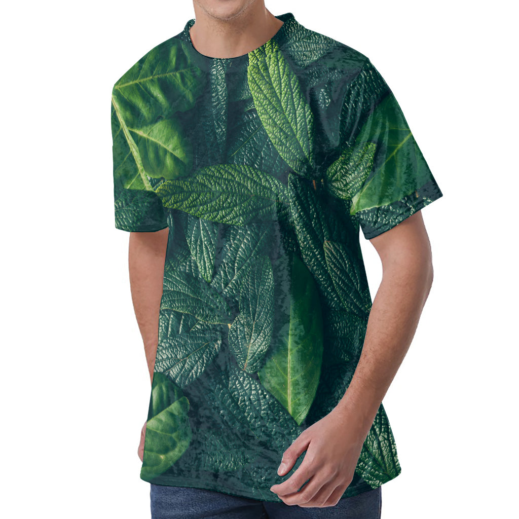 Green Leaves Print Men's Velvet T-Shirt