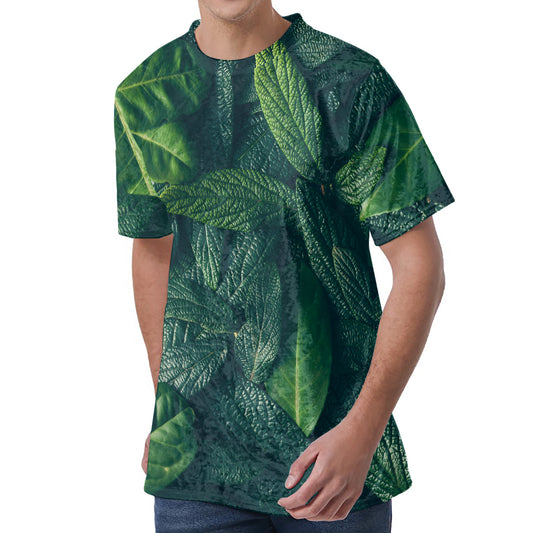 Green Leaves Print Men's Velvet T-Shirt
