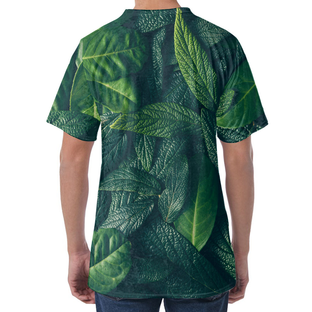 Green Leaves Print Men's Velvet T-Shirt