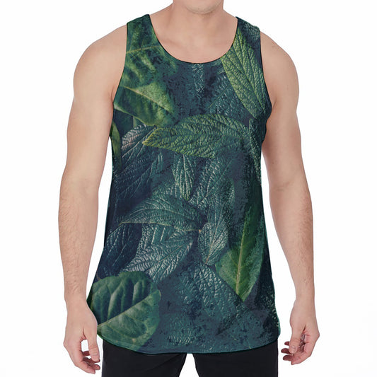 Green Leaves Print Men's Velvet Tank Top