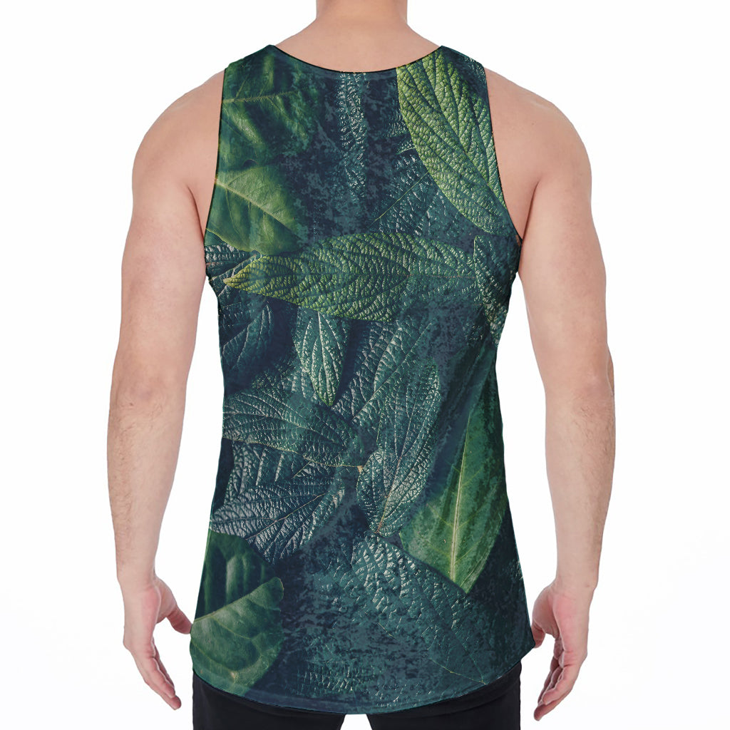 Green Leaves Print Men's Velvet Tank Top