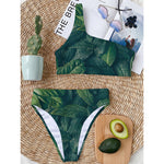 Green Leaves Print One Shoulder Bikini Top