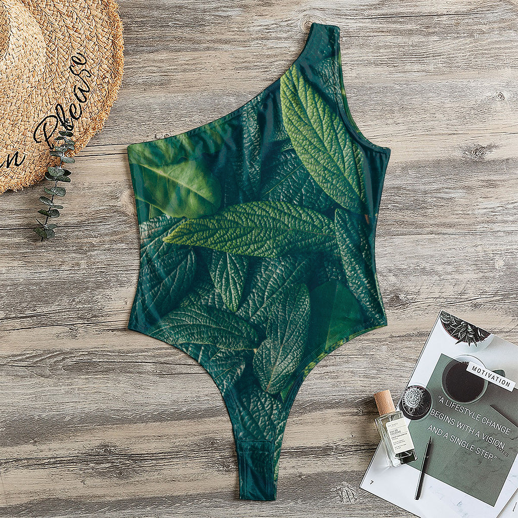 Green Leaves Print One Shoulder Bodysuit