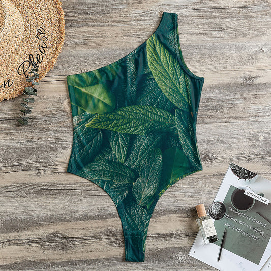 Green Leaves Print One Shoulder Bodysuit
