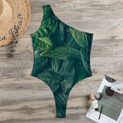 Green Leaves Print One Shoulder Bodysuit