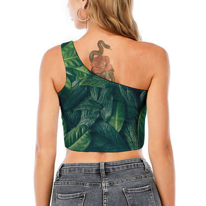 Green Leaves Print One Shoulder Crop Top