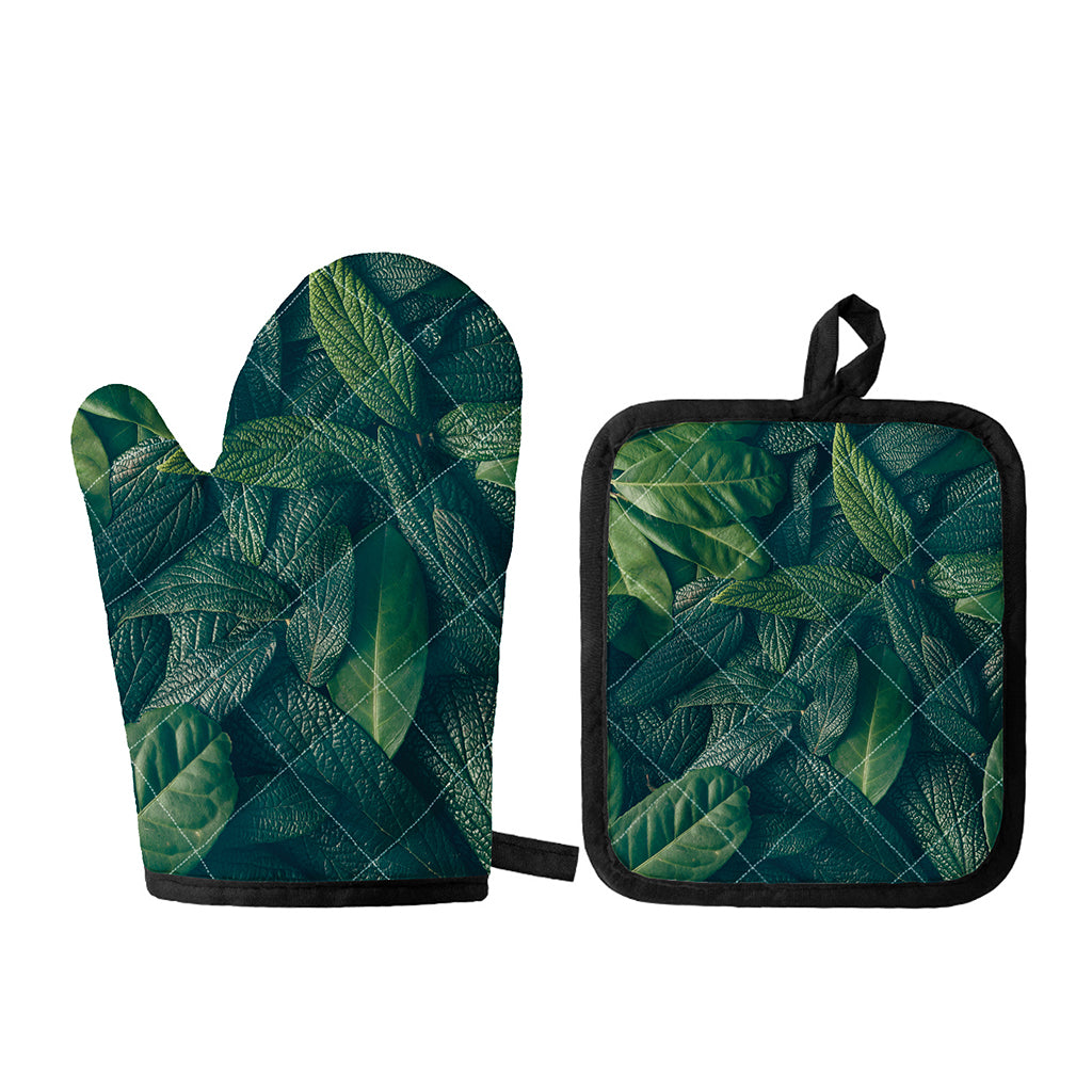 Green Leaves Print Oven Mitt And Pot Holder Set