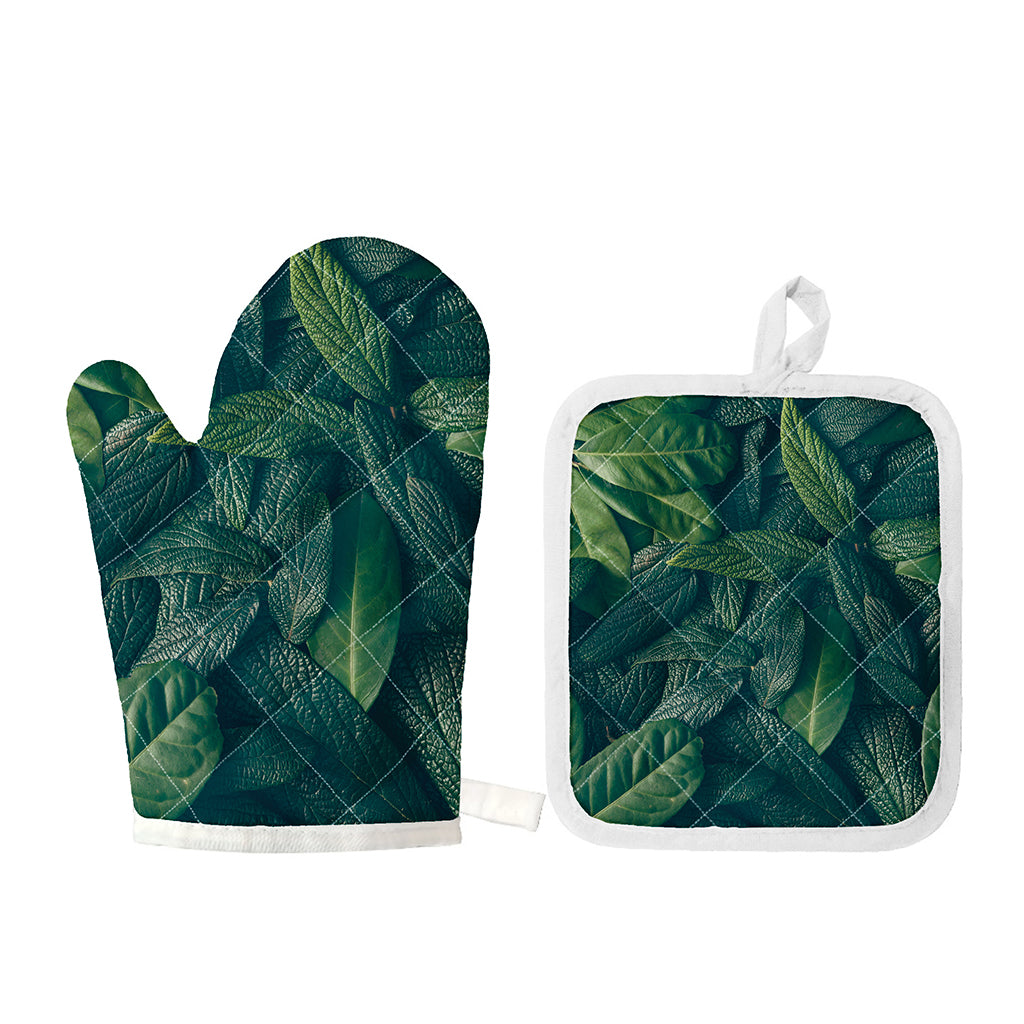 Green Leaves Print Oven Mitt And Pot Holder Set