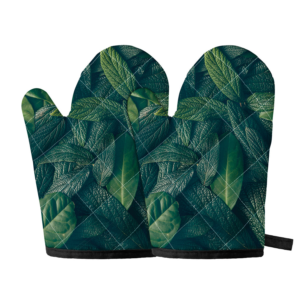 Green Leaves Print Oven Mitts