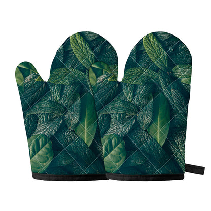 Green Leaves Print Oven Mitts