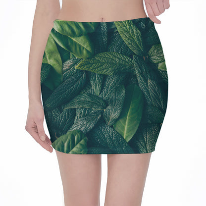 Green Leaves Print Pencil Mini Skirt