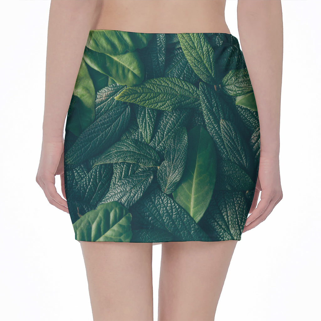 Green Leaves Print Pencil Mini Skirt