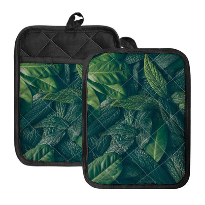 Green Leaves Print Pot Holders With Pocket
