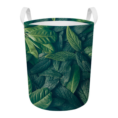 Green Leaves Print Round Laundry Basket