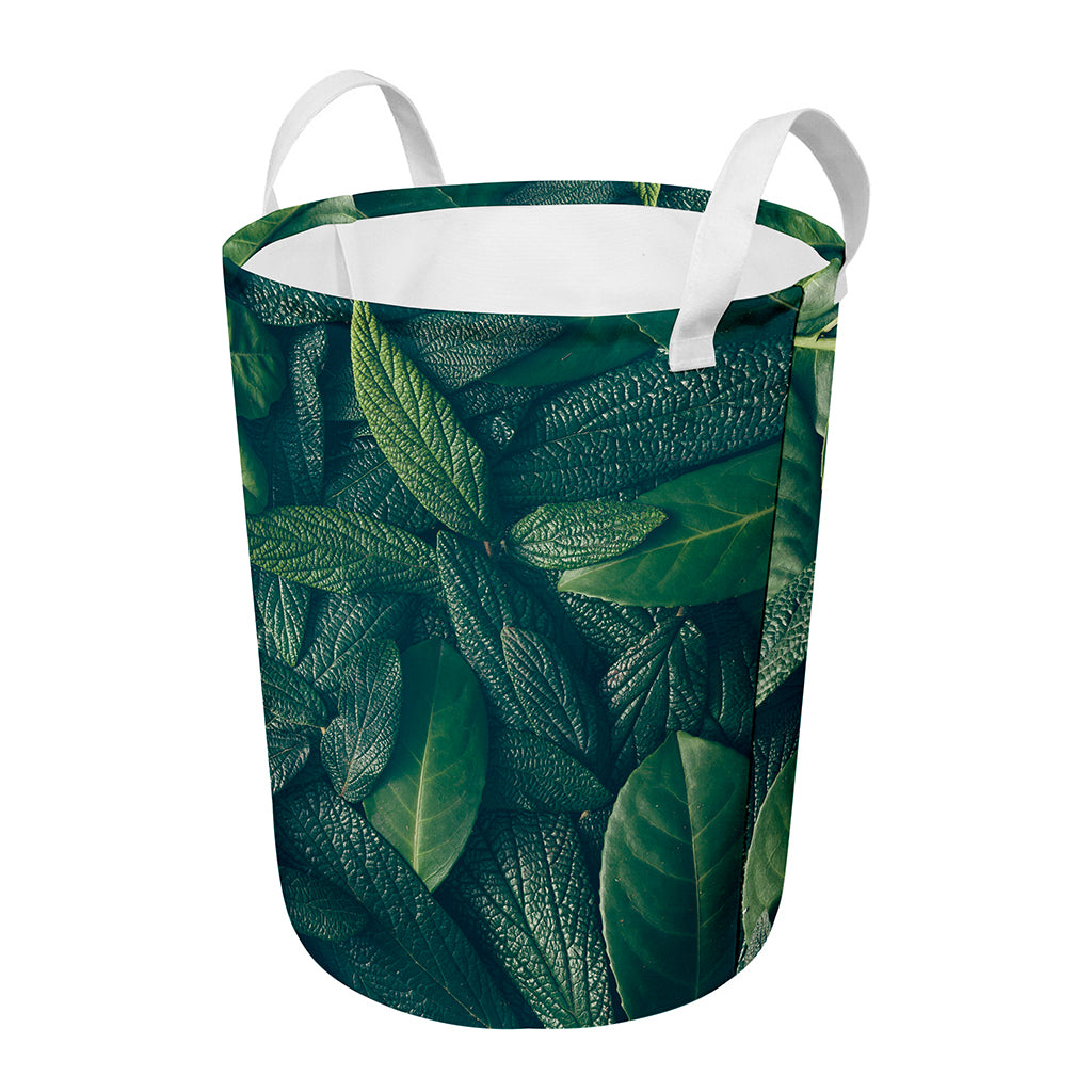 Green Leaves Print Round Laundry Basket