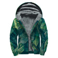 Green Leaves Print Sherpa Lined Zip Up Hoodie