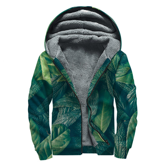 Green Leaves Print Sherpa Lined Zip Up Hoodie