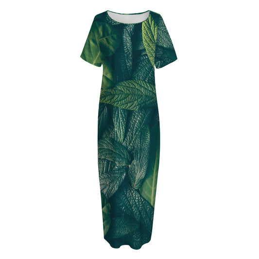 Green Leaves Print Short Sleeve Long Nightdress