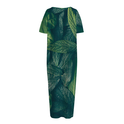 Green Leaves Print Short Sleeve Long Nightdress