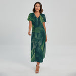 Green Leaves Print Short Sleeve Maxi Dress