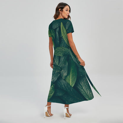 Green Leaves Print Short Sleeve Maxi Dress