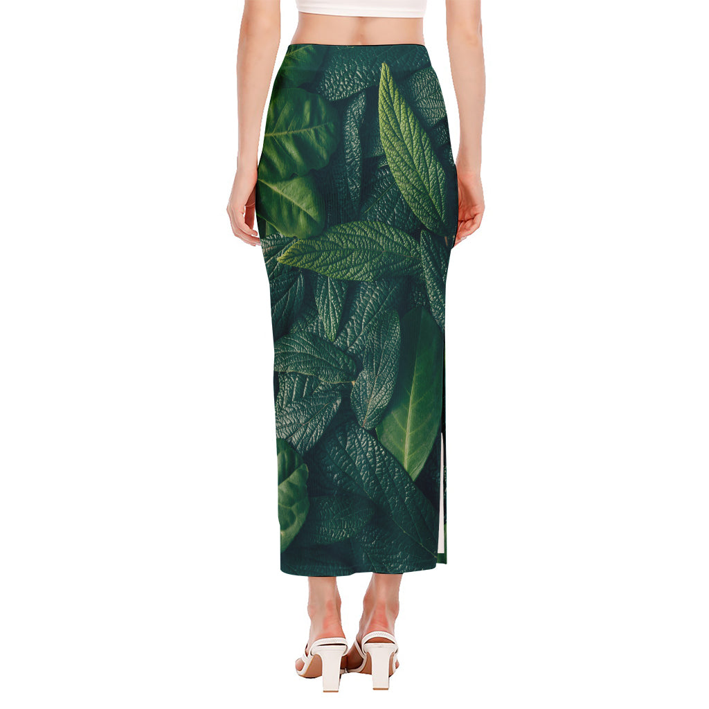 Green Leaves Print Side Slit Maxi Skirt