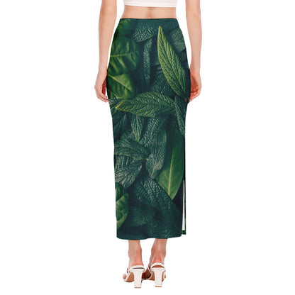 Green Leaves Print Side Slit Maxi Skirt