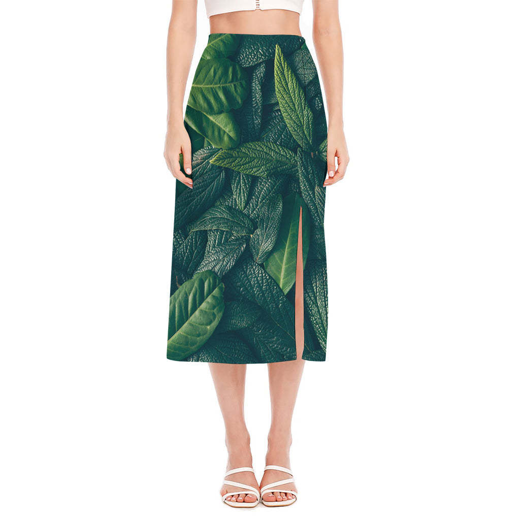 Green Leaves Print Side Slit Midi Skirt