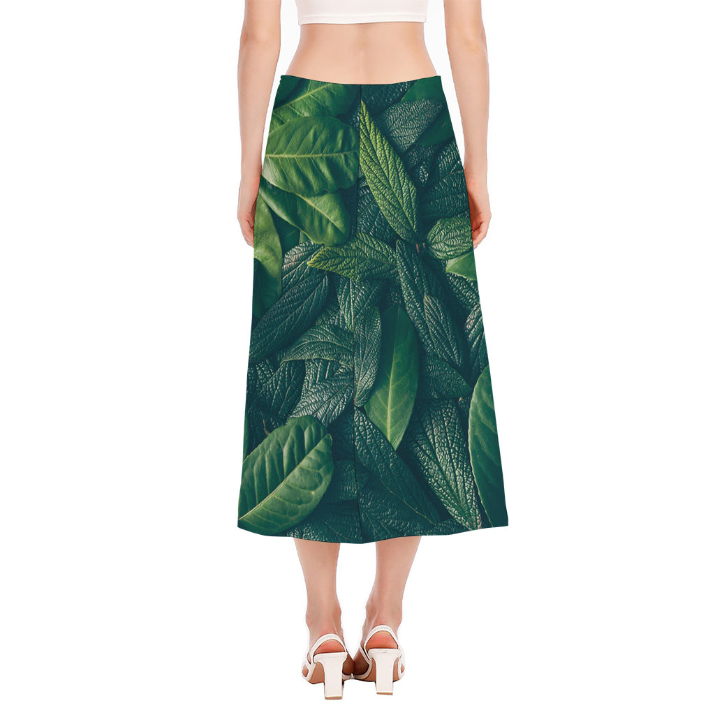 Green Leaves Print Side Slit Midi Skirt
