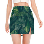 Green Leaves Print Side Slit Mini Skirt