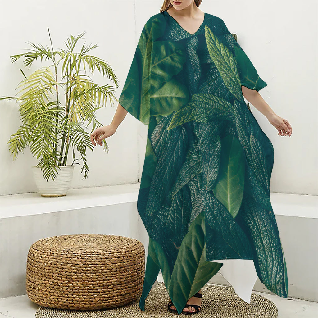 Green Leaves Print Silk V-Neck Kaftan Dress
